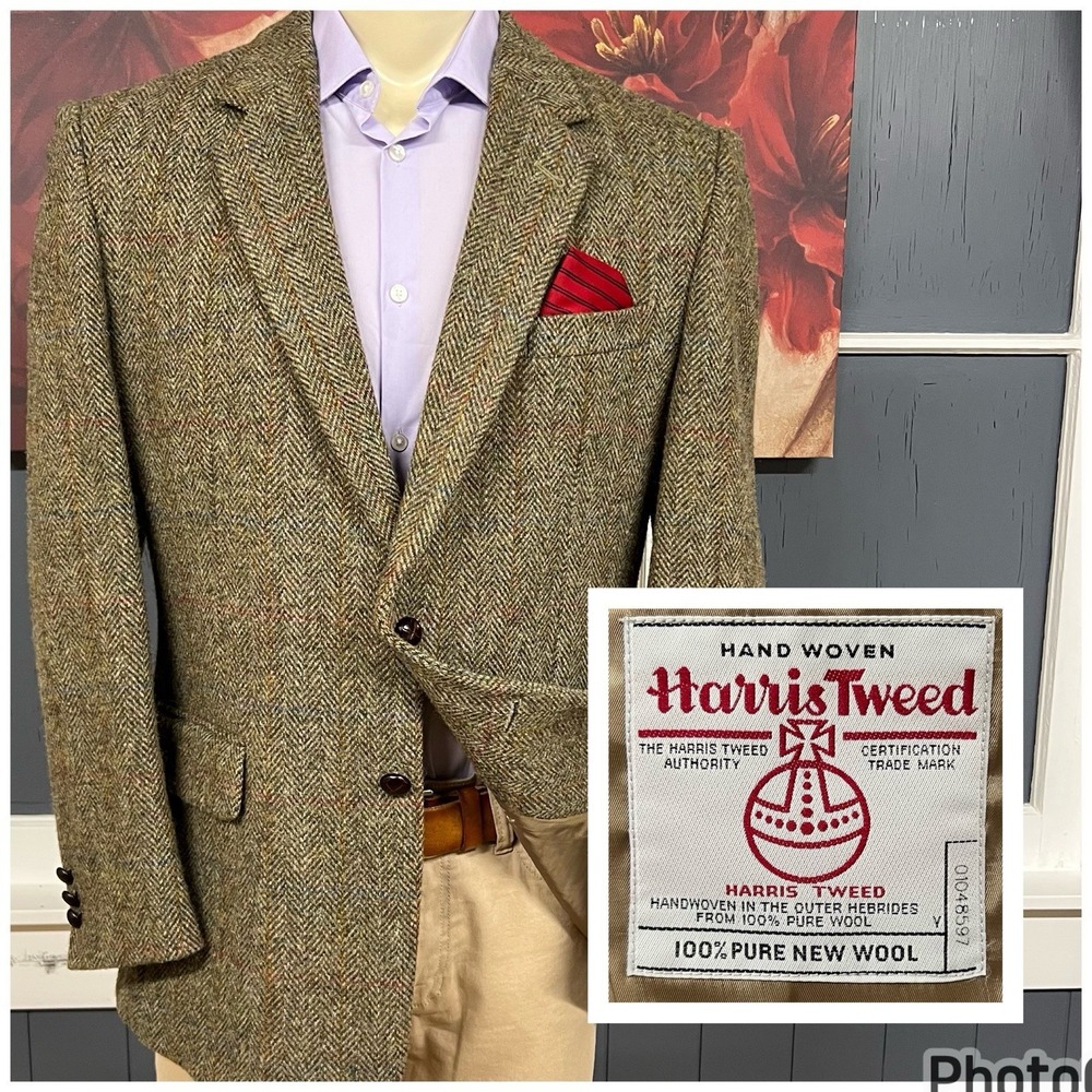 Harris Tweed Blazer Jacket Mens 40R Wool Herringbone Plaid Olive Green Mixed